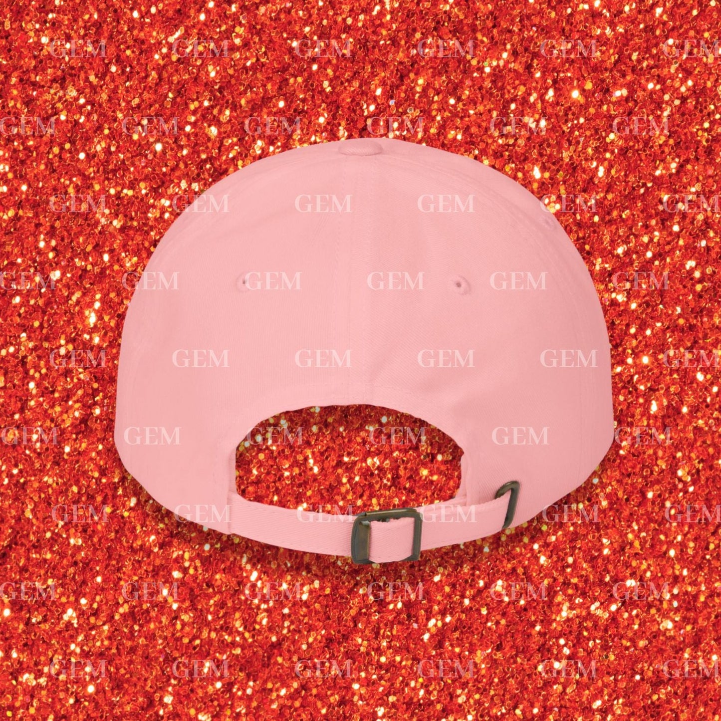 Pink cap on a red glittery background with 'GEM' branding.