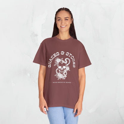 Snakes & Stones Never Broke My Bones Halloween T-Shirt | Skull and Crossbones Unique Halloween Shirt | You Need to Calm Down Halloween Tee