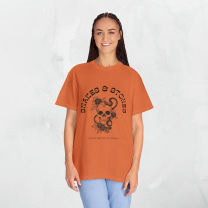 Snakes & Stones Never Broke My Bones Halloween T-Shirt | Skull and Crossbones Unique Halloween Shirt | You Need to Calm Down Halloween Tee