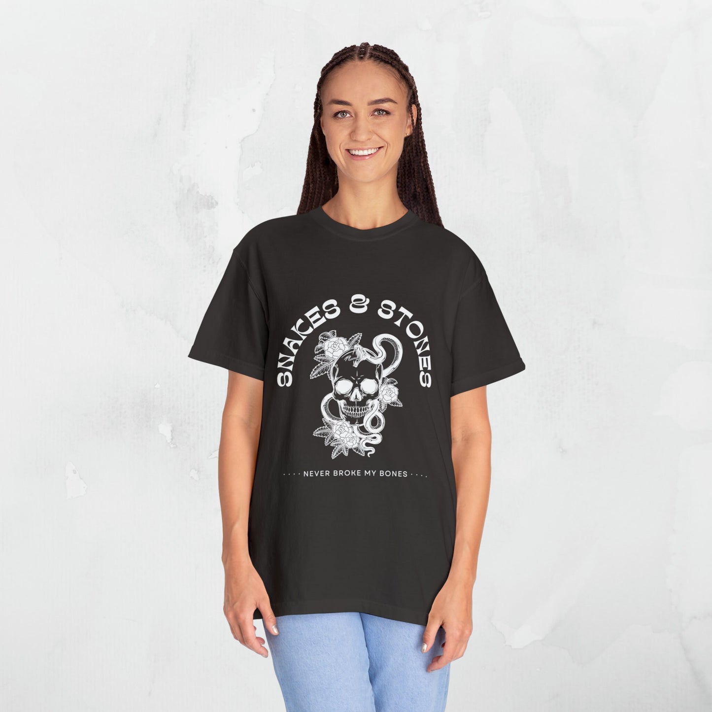 Snakes & Stones Never Broke My Bones Halloween T-Shirt | Skull and Crossbones Unique Halloween Shirt | You Need to Calm Down Halloween Tee