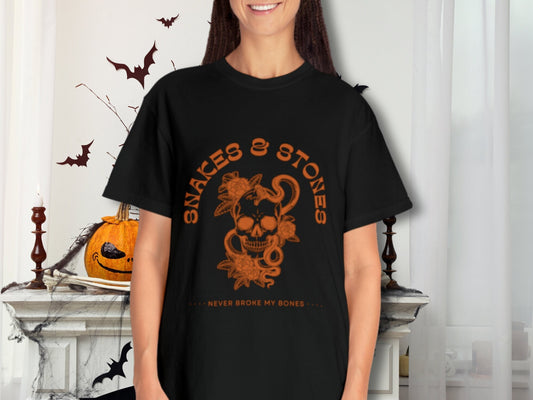 Snakes & Stones Never Broke My Bones Halloween T-Shirt | Skull and Crossbones Unique Halloween Shirt | You Need to Calm Down Halloween Tee