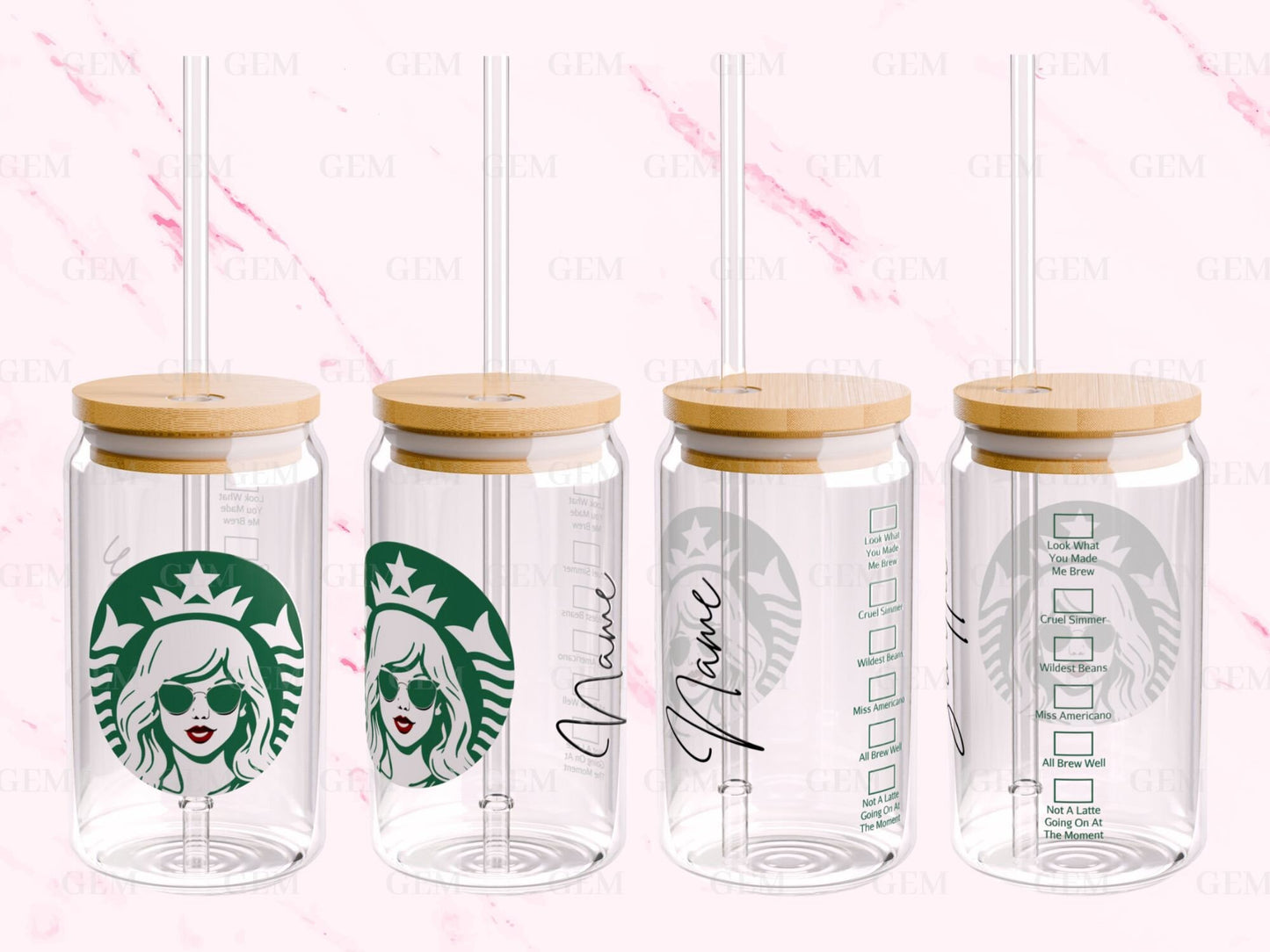 Personalized SB Lovers 16oz Glass Tumbler, Custom Iced Coffee Cup with Red Lip Pop Star Logo, Glass Cup with Lid & Straw