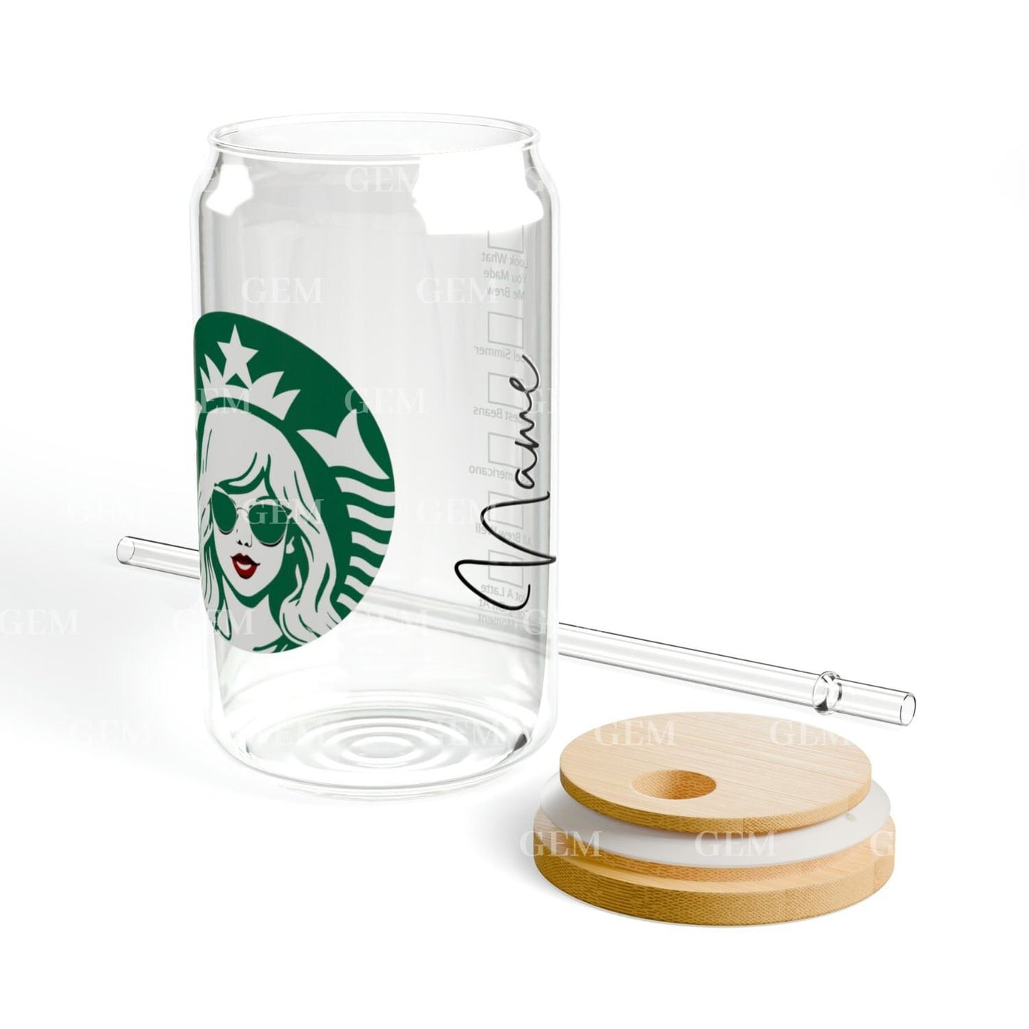 Personalized SB Lovers 16oz Glass Tumbler, Custom Iced Coffee Cup with Red Lip Pop Star Logo, Glass Cup with Lid & Straw